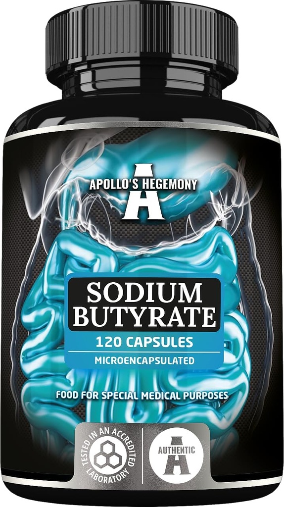 Sodium Butyrate High Dose 570 מ"ג (30% Butyric Acid), 120 קפסולות טבעוניות, 4 חודשים אספקה, Sodium תוספת לתמיכה בהתחדשות גדר האש ו-Overal Gut Health - על ידי Hegemonyy של אפולו
