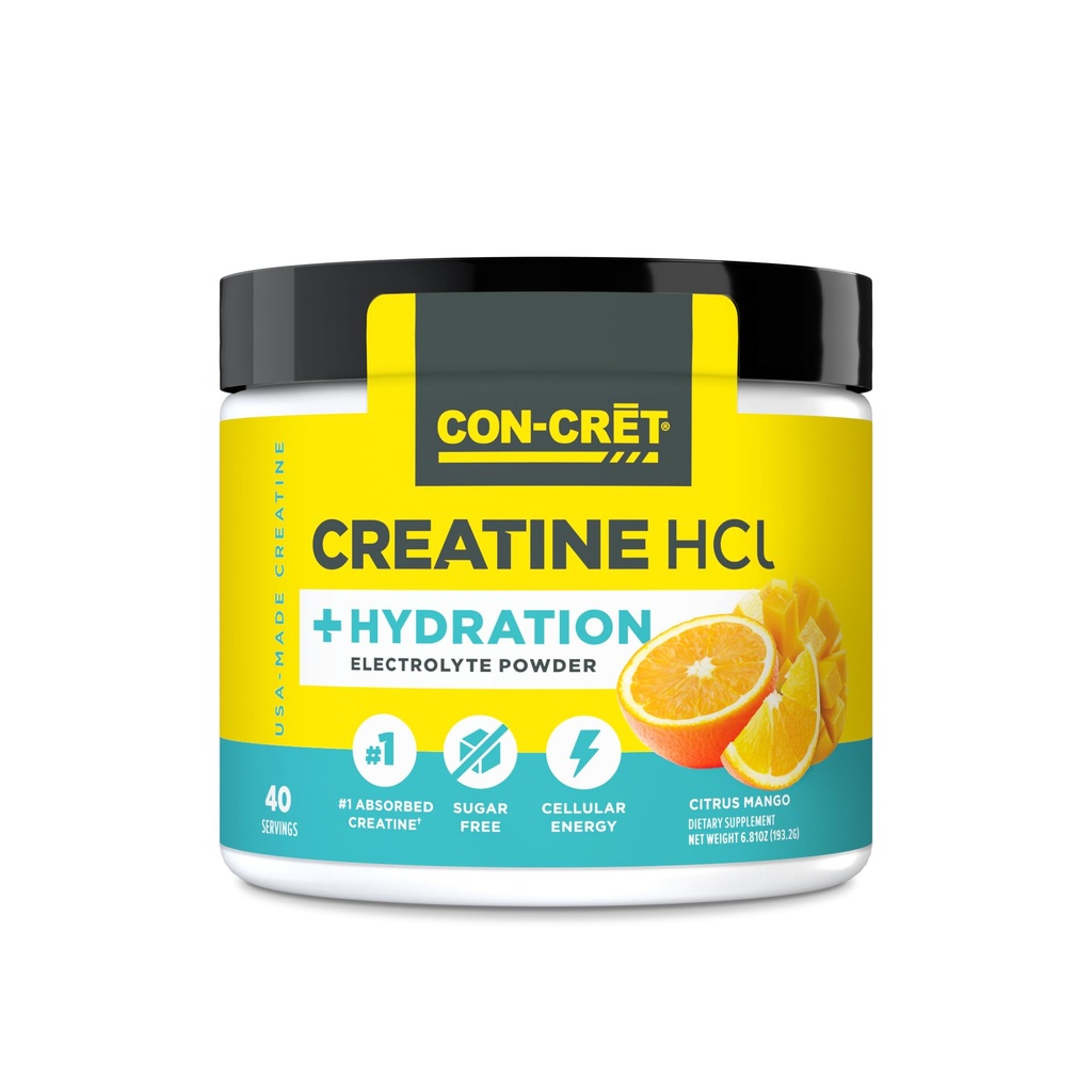 CON-CRET Creatine HCl + הידרה | אבקת אלקטרוליט Tub | Citrus מנגו | Sugar Free Electrolytes | Rehydration Formula w Potassium, Sodium, Zinc, Magnesium to Hydrate & Recover (40 serv)