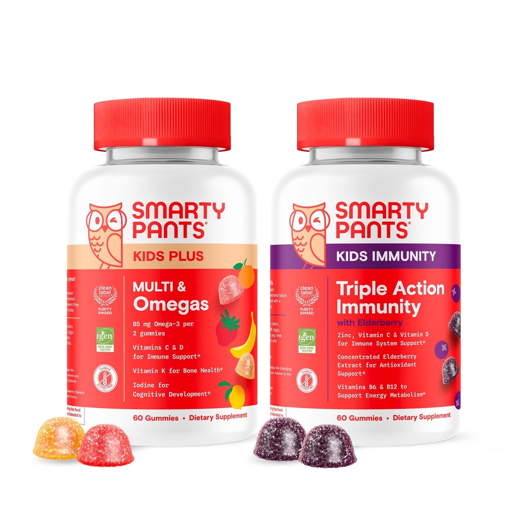 SmartyPants Kids Multivitamin Gummies ו- Immunity Elder Gummies Bundle: Kids Multi with Over 15 Daily Foodsents & Elderberry Immune תמיכה, 30 יום אספקה