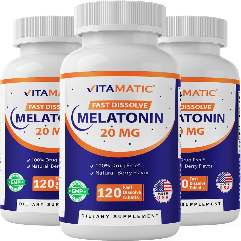 Vitamatic Melatonin 20 מ"ג טבליות | Vegetarian, non-GMO, Gluten Free | High Potency 20 MG | Natural ברי פלפור (1/2 Tablet = Melatonin 10 מ"ג) (120 Count (Pack of 3))