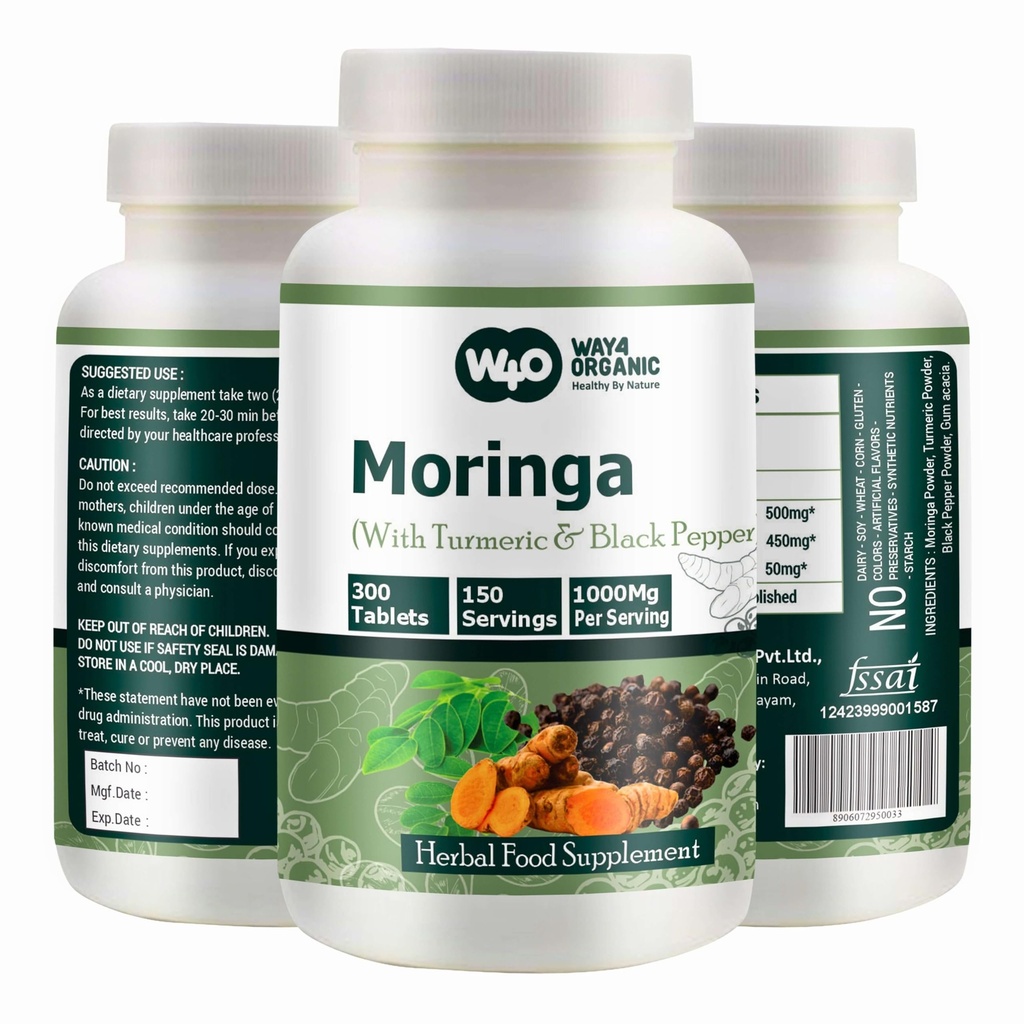 טבליות Moringa עם Turmeric ו Black Pepper, 300 גלולות, 5 חודשים אספקה, 150 משרת, 1000 מ"ג לשרת. קפסולה אחת עם יתרונות מרובים - תמיכה בבריאות העיכול (Pack of 1)