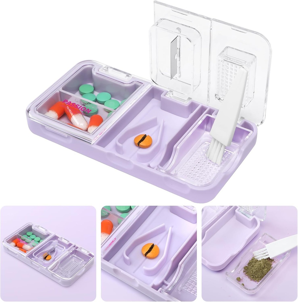 Toplive Portable 3in-1 Pill Cutter ו- Pill Grinder ו- Pill Holder, Accurate Easy Cutting, תרופות Crusher עבור גלולות גדולות, טבליות פיצול עבור מבוגרים ילדים, סגול