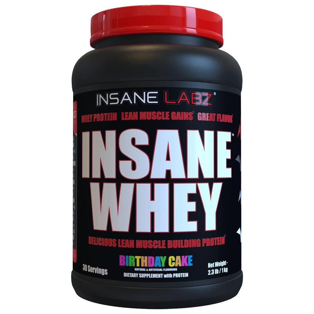 Insane Labz Insane Whey,100% שריר בניין Whey חלבון, BCAA Amino פרופיל, Mass Gainer, Mealחליף (Birthday Cake, 30 משרתים)