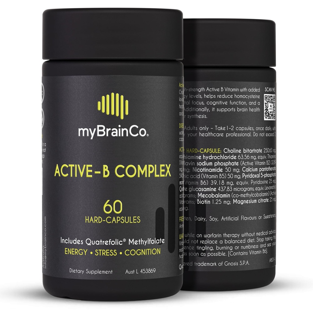 MyBrainCo. Active-B Complex - High Power הפעילה תוסף ויטמין B2, B6, B12 & Methyl Folate - תומך באנרגיה, תפקוד המוח ומערכת העצבים - 60 Vege-Capsulesulesulesules