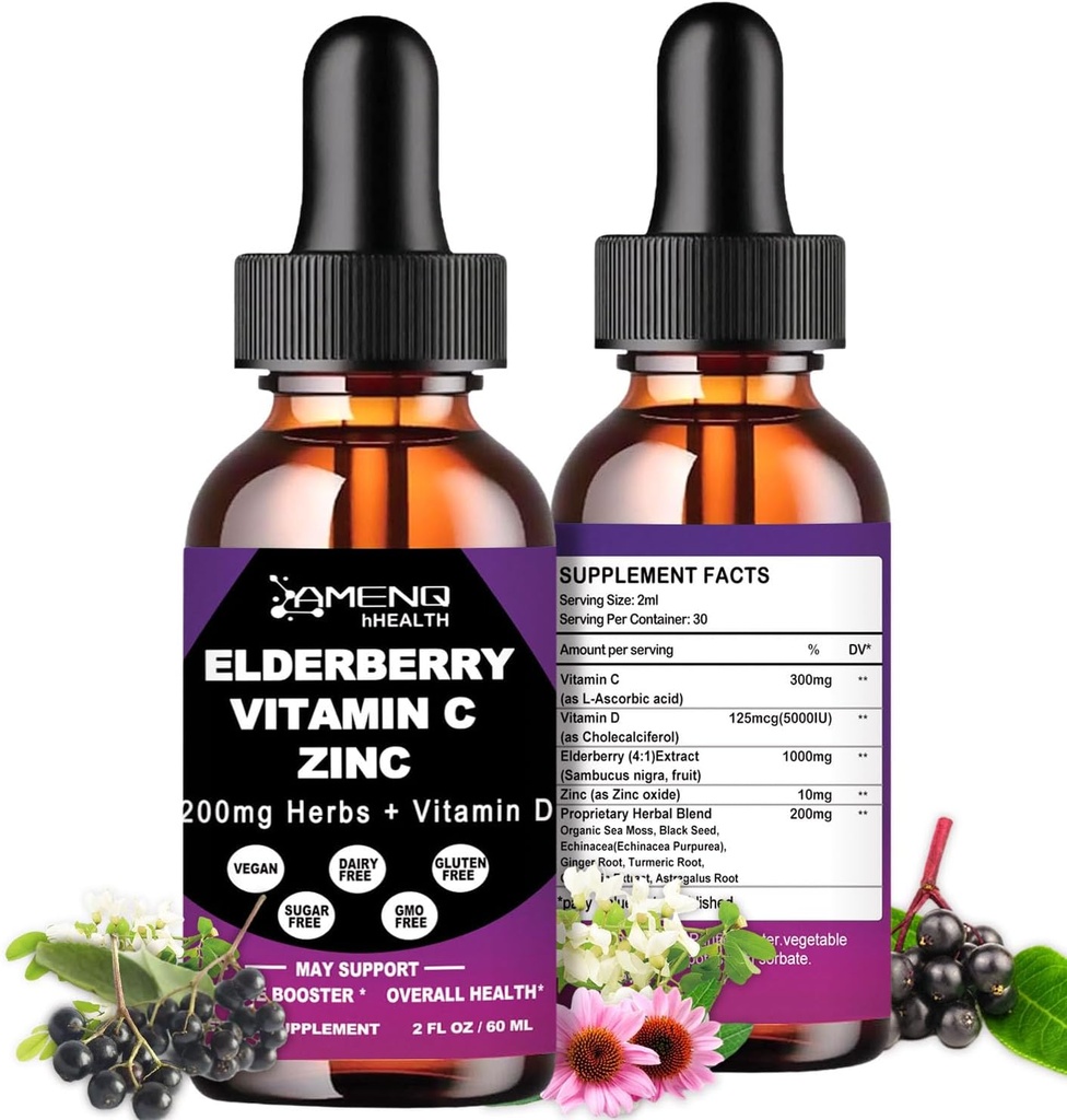 Organic Elderberry Syrup, Liquid Drops Elderberry Vitamin C and Zinc for Adults, 11-in-1 Sambucus Black Elderberry Tincture w/ Vitamin D3, Sea Moss Black Seed, Elderberry Immune Support Supplement