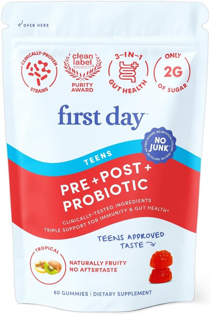 FIRST DAY Teens Gut Sustainer Tribiotic Gummies - 3in-1 Prebiotic, Probiotic & Postbiotic תוסף - תומך ב- Digestive, Skin, Oral & Immune Health, Acent Absorption & growth - 30 יום אספקת מזון