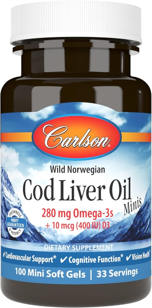 קרלסון - Cod Liver Oil Minis, 280 מ"ג אומגה 3s + ויטמינים A ו- D3, Norwegian, Wild Catch, Sustainably Sourced, 100 מיני Softgels