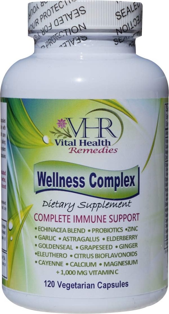 VHR Complex Immune Boosting פורמולה עם Echinacea, Goldenseal, Garlic, Probiotics, Elderberry, Astragalus, Grapeseed, Cayenne, Bioflavonoids, Eleuthero, ג'ינג'ר, VIT. C, Zinc. 120 Veg caps caps capeed, Caenne, Bioflavonoids.