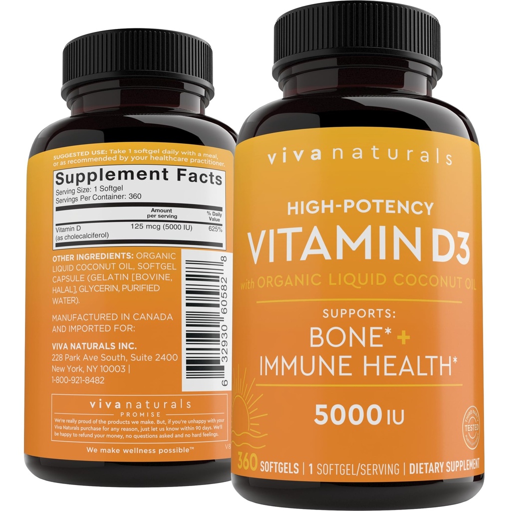 Viva Naturals ויטמין D3 5000 IU Softgels, 360 Count (125 mcg), תמיכה בריאות העצם & Immune, ויטמין D