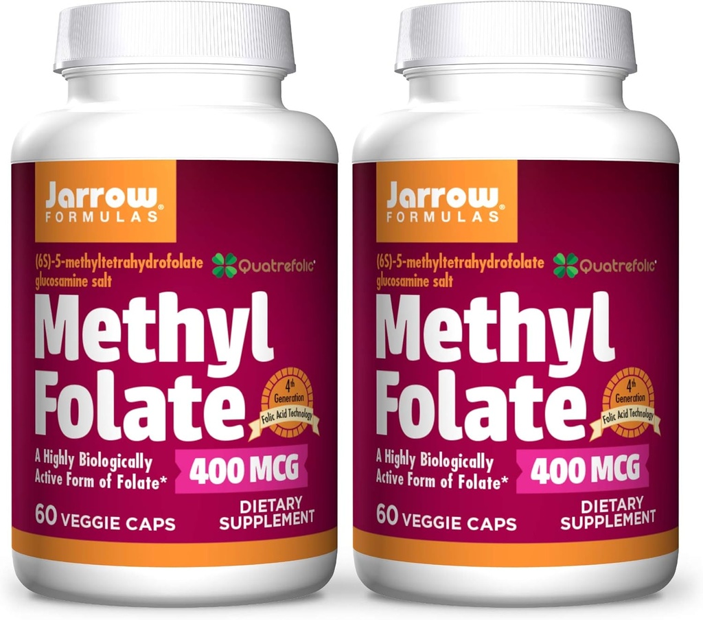 Jarrow Formulas Methyl Folate 400 mcg - 60 Veggie Caps, Pack of 2 - Highly Biologically Active Form of Folate - 4th Generation Folic Acid טכנולוגיה - 120 המשרתים המלאים