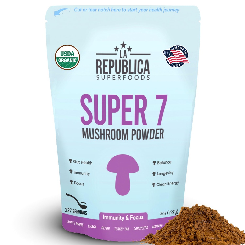 La Republica Superfood 7 Mushroom לחלץ אבקה, כולל אריה מאן, ריישי, Chaga, Cordyceps, Shiitake, Maitake, וטורקיה Tail (8 oz)
