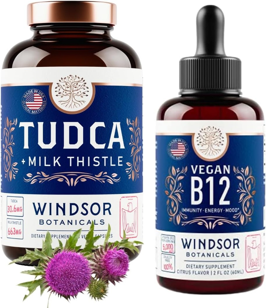 WINDSOR BOTANICALS Tudca with Silymarin Milk Thistle and Vegan B12 נוזל - תמיכה בריאות Bundle