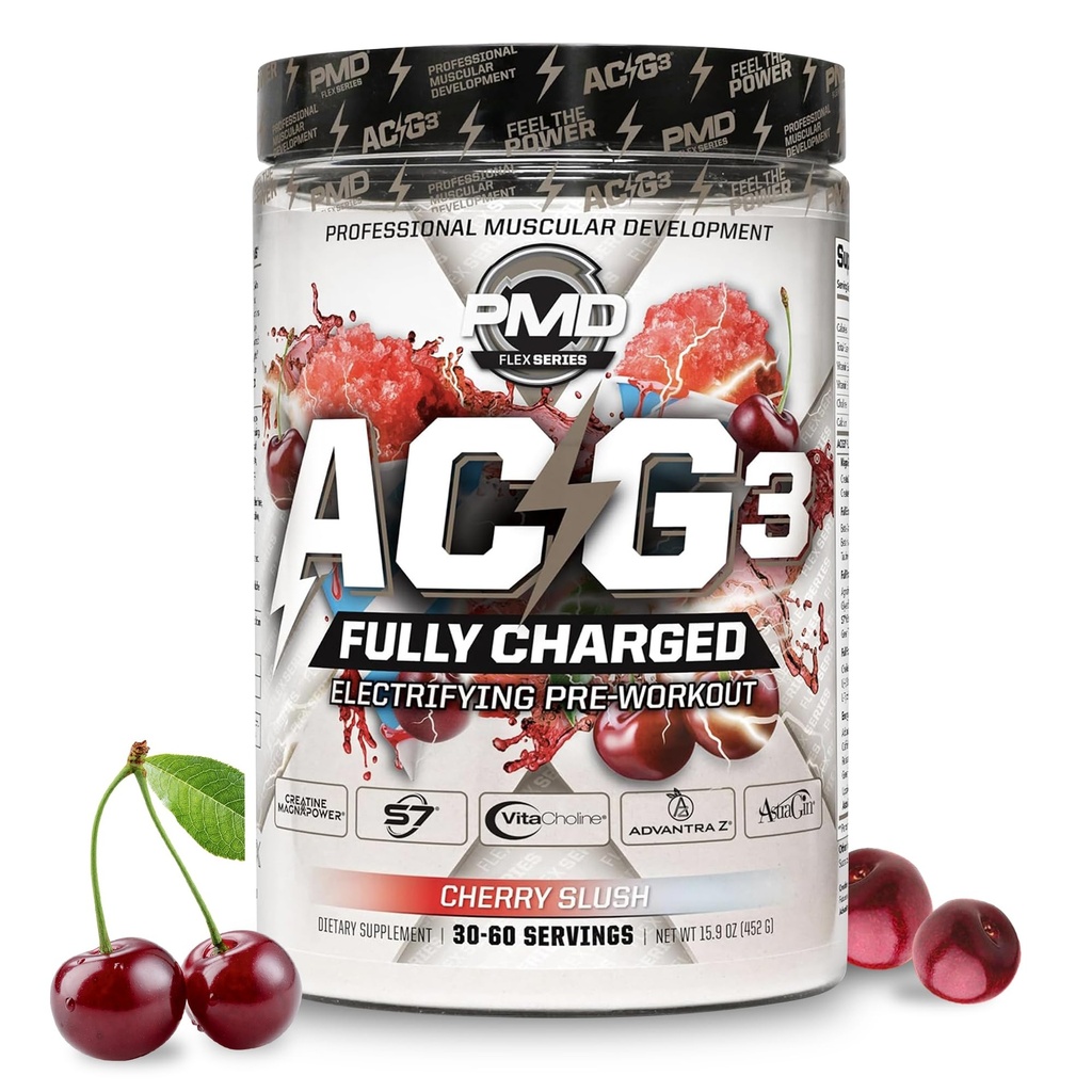 PMD Sports ACG3 Fully Charged - Electrifying Pre Workout Powder - High Energy & Pump Pre Workout for Men and Women to Maximize Focus, Endurance & Performance - Cherry Slush (30-60 Servings)