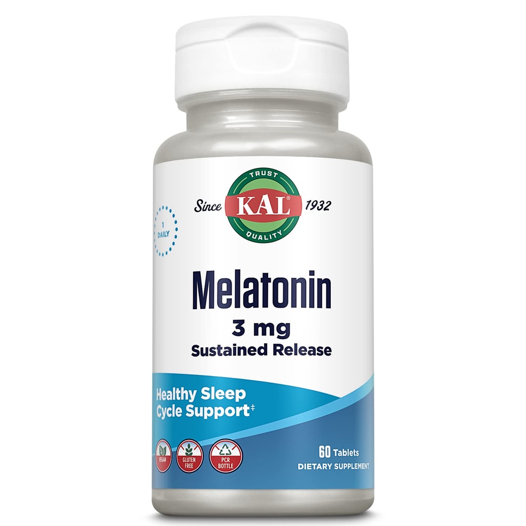 KAL Melatonin 3 מ"ג Sustained לשחרר Sleep Aid, תוסף מלטונין תומך להרגעה בריאה, תחושה Calm ומחזור שינה תקין, w/Added ויטמין B6, טבעוני, Gluten Free 60  משרת, 60 טבליות