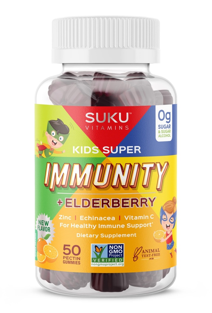 SUKU ויטמינים - Kids Super Immunity - Elderberry, Echinacea, ויטמין A ו- Zinc חניכיים לתמיכה ב- Immune - Easy to Chew - non GMO, Gluten Sugar Free - Pomegranate Lime Gummys, 50 Count Count Count