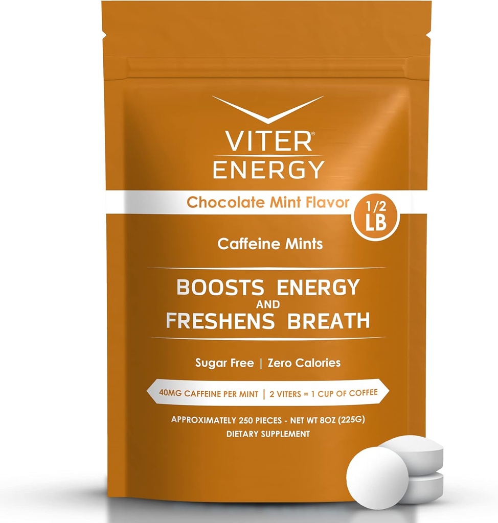 Viter Energy 40 מ"ג Caffeine Mints - סוכר חינם, ויטמין B, טבעוני, Boosts Fast Energyzed Alert Focus, Caffeinated Nootropic גלולות (Chocolate Mint Flavor, 8oz, Bulk Bag)