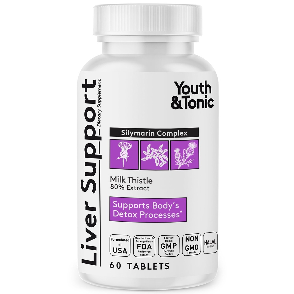 Youth & Tonic Liver Detox Cleanse Supplement – Silymarin Milk Thistle Complex Formula for Body Health, Repair & Support – Non-GMO Herbal Vitamins – 60 Capsules for Women & Men