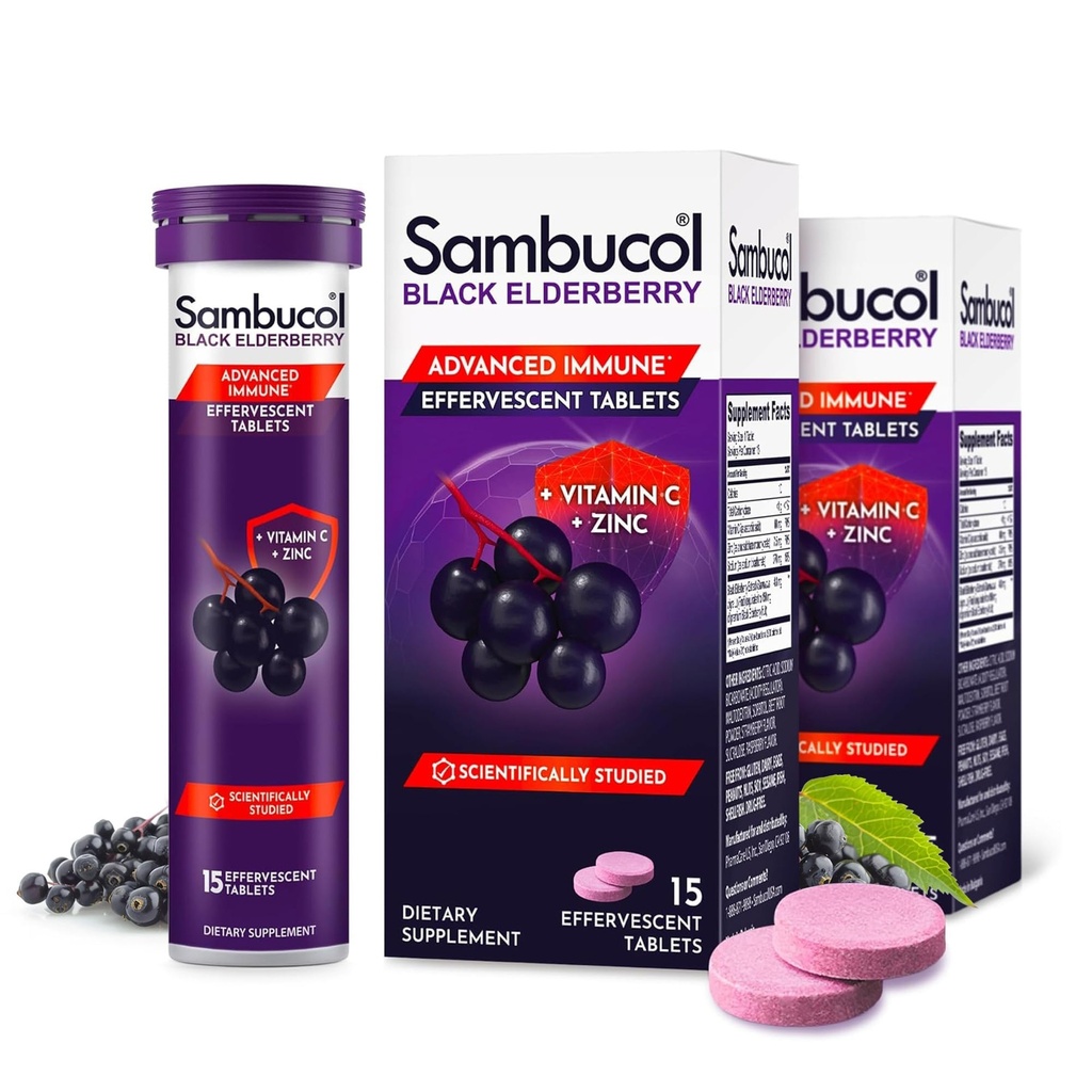 Sambucol Black Elderberry טבליות עם ויטמין C & Zinc - Immune Support Supplement, Black Elderberry עם Zinc ו ויטמין C Effervescent טבליות, High Antioxidants, שתו Fizzies- 30 Count