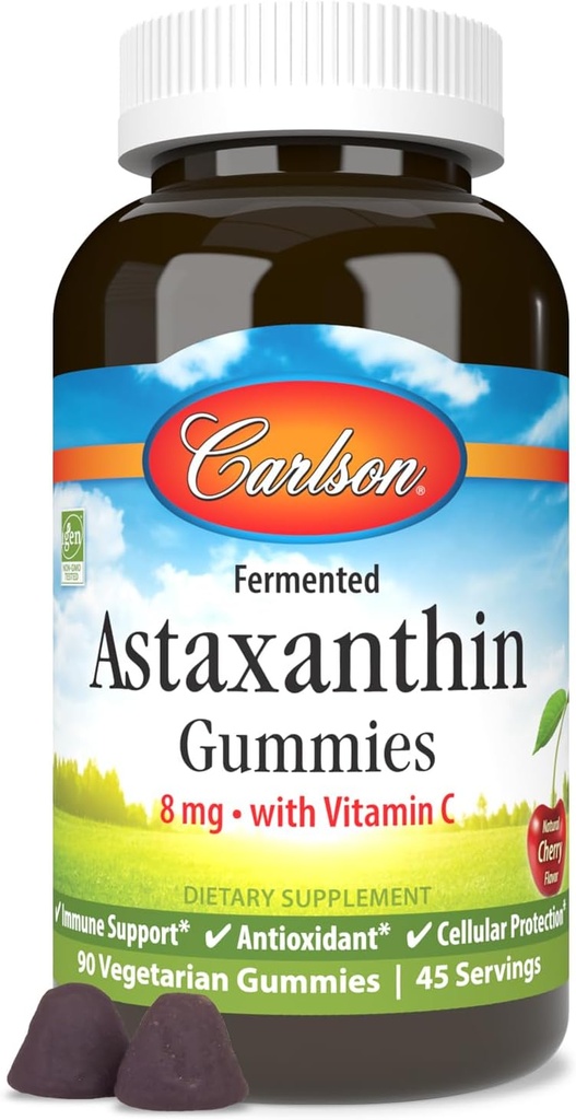 קרלסון - Astaxanthin Gummies, עם ויטמין C, Immune Support, Antioxidant, Heart Health, non-GMO, Cherry Flavor, 90 חניכיים צמחוניות