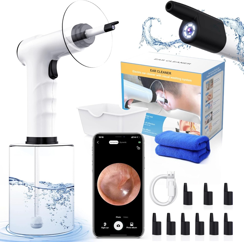 אוזן Wax Removal, אוזן ניקוי, מים מופעל ניקוי אוזניים נקיים עם 3 מצבי לחץ 12 טיפים חלופיים, מערכת השקיה של האוזן, בטוח ויעיל אוויר Wax Removal Tool (שחור)