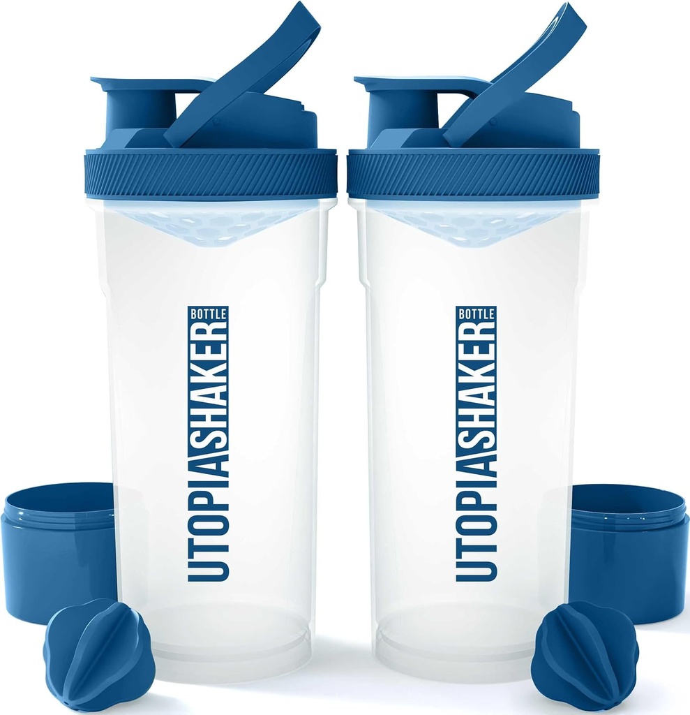 אוטופיה Home Shakerבק 2 Pack - 24 חלבון פלסטיק או Shaker בקבוק עבור Pre & Post אימון עם Twist & Lock חלבון אחסון (Clear / Navy)
