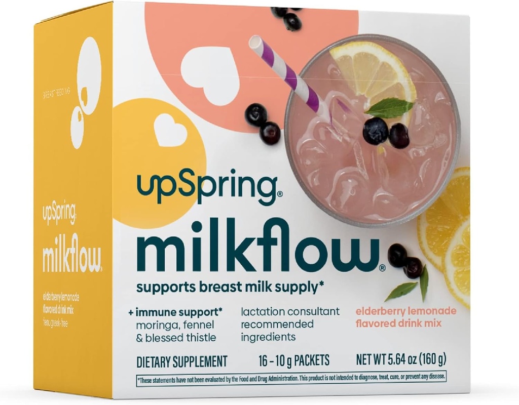 UpSpring Milkflow Immune תומך בהנקה של משקאות תוספת לערבב Fenugreek-Free, Moringa Elderberry Lemonade Flavor, Lactation תוספת לתמיכה אספקת חלב אם, 16 Mixes