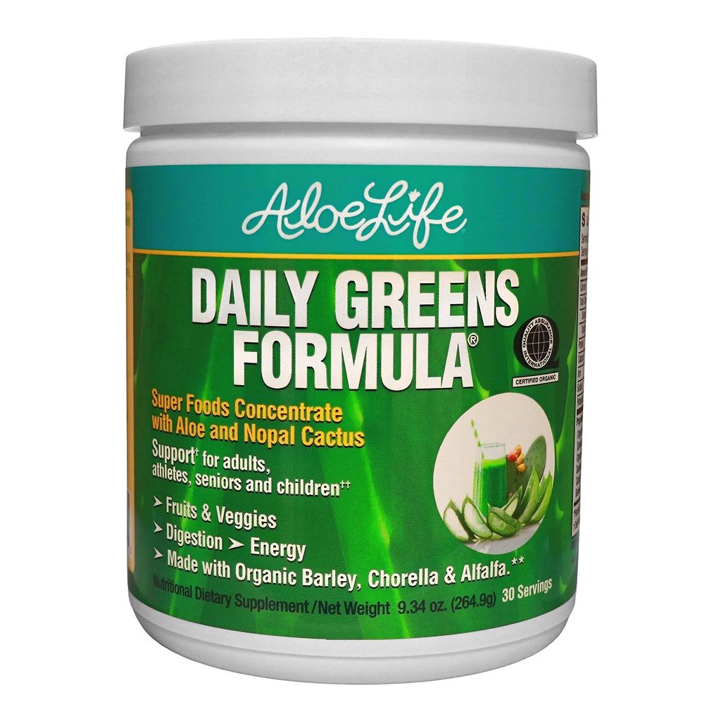 Aloe Life - Daily Greens אבקת, QAI-Certified Organic Health Supplement, Antioxidants, 21 פירות, Veggies, & Herbs כולל Aloe & Nopal Cactus, Low-Calorie, Keto-Friendly, Gluten-Free (30 משרתים)