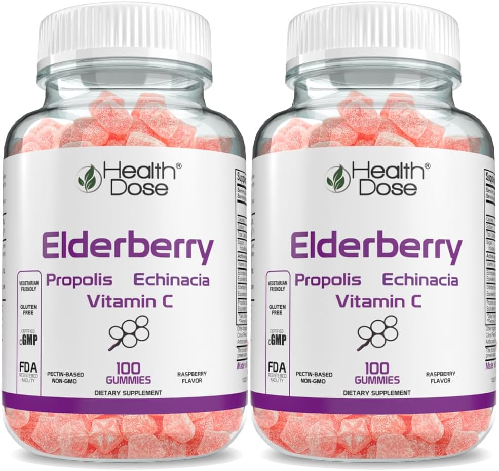 בריאות Dose Elderberry Sambucus Gummy ויטמינים ילדים 100 מסטיקנים.עם פרפוליס לחלץ, Echinacea, ויטמין C, Yummy Raspberry Flavor, טבעוני, Gluten-Free, Defense, Immune Support Booster. חבילה של 2