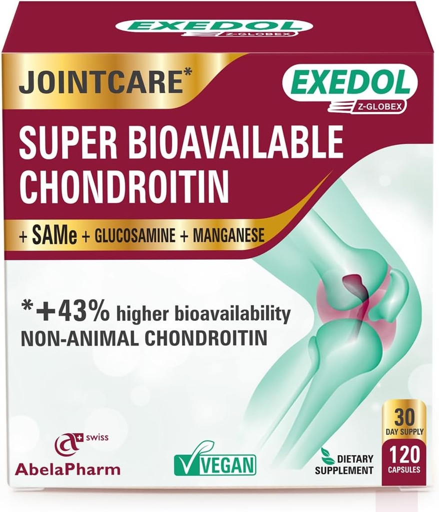 Exedol Bioavailable Glucosamine Chondroitin, תוספת תמיכה טבעונית לתפקוד משותף משופר, Cartilage Health, Connective Tissue and Bone Health - 120 קפסולות
