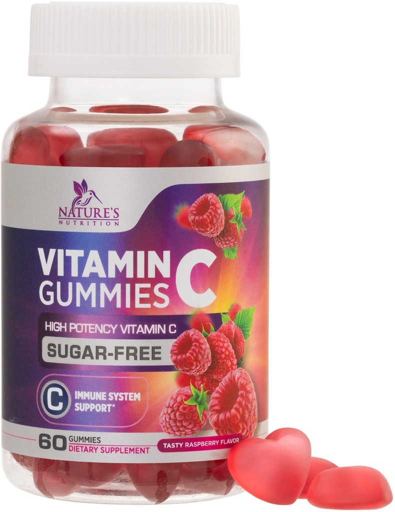 סוכר חינם ויטמין C Gummies - Immune Support & Antioxidant ויטמיןC Dietary תוסף - טבעוני, non-GMO, חלב וגלוטן חינם C Gummy - Raspberry Flavor לילדים ומבוגרים - 60 חניכיים