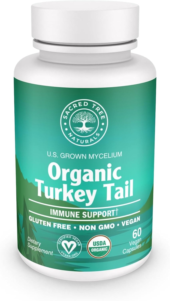אורגני טורקיה Tail Mushroom קפסולות - Immune Support Supplement, Antioxidant Rich, Natural Digestive Health Aid, Vegan & Non-GMO Mushroom קפסולות עבור בריאות ו Vitality - 60 קפסולות (30 משרתים)