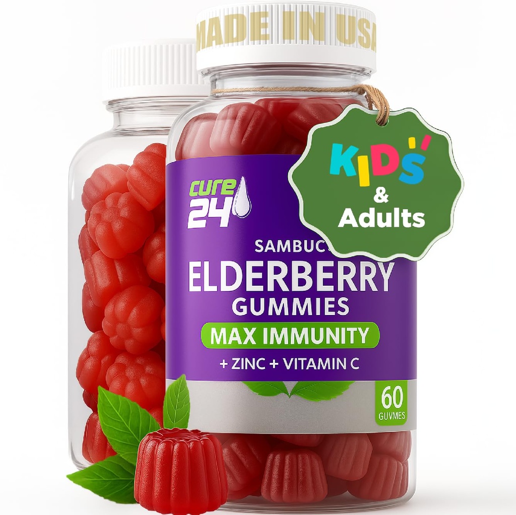Sambucus Elderberry Gummies + ויטמין C + Zinc for Kids & Adults, X3 Immune Support, Natural Flavors + Ingredients, טבעוני, non-GMO, Made in USA108