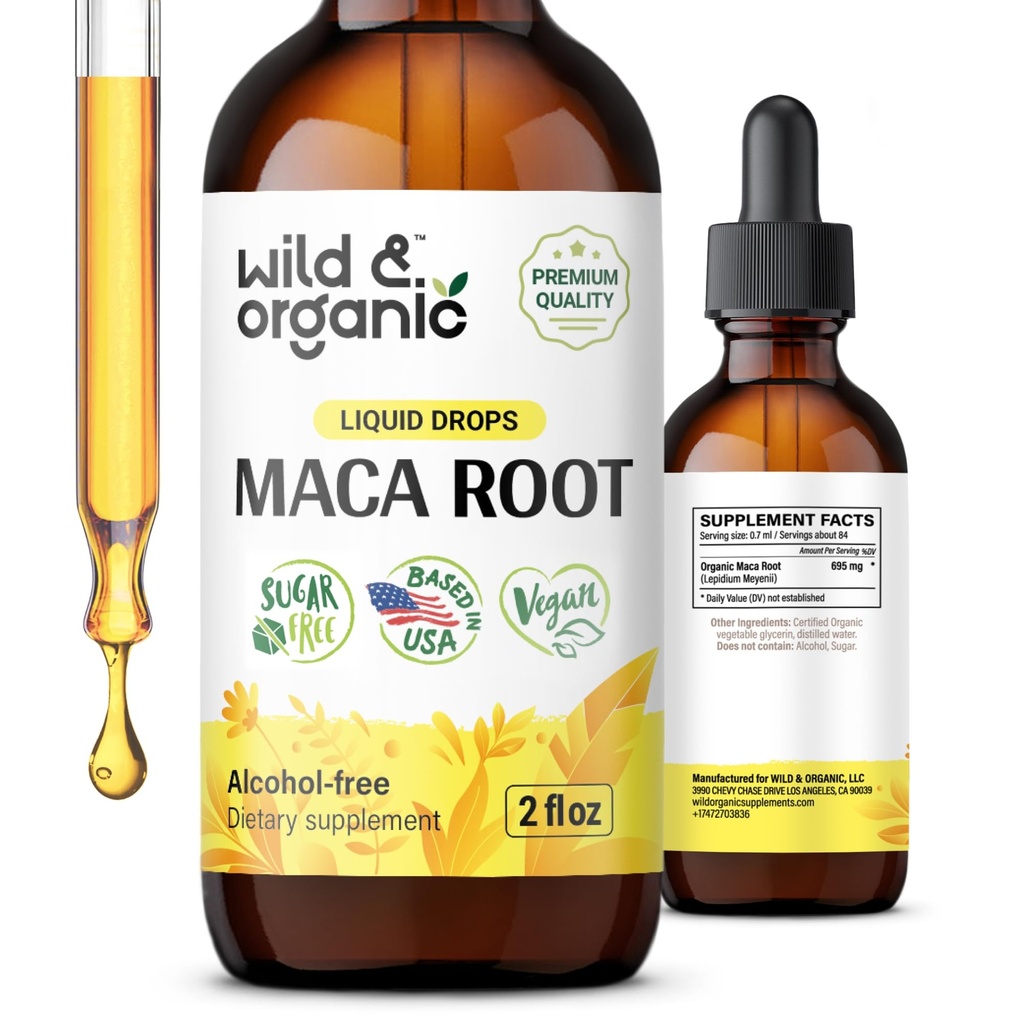 Wild & Organic Maca Root Drops for Women & Men - Mood, Focus, Active Lifestyle - פרואני Maca תוסף - טבעוני, סוכר ואלכוהול חינם טינקטורה - 2 fl oz