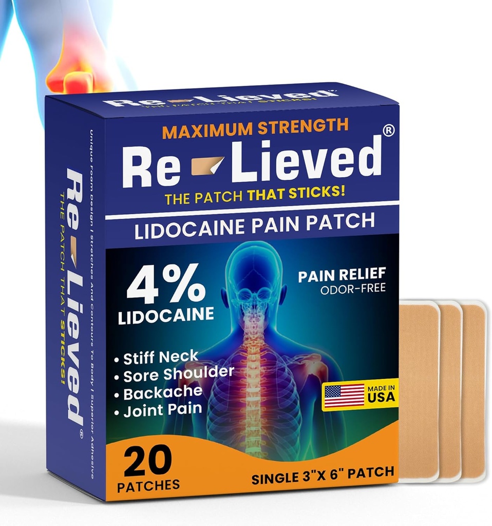 Re-Lieved 4% Lidocaine Patches כוח מקסימלי - אלומיניום חינם, עמיד למים וארה"ב Made - Superior Sticking Pain Relief Patches Quickly Relieves Back, Joints, כאבי שרירים 3x6 Inches (20 Count)