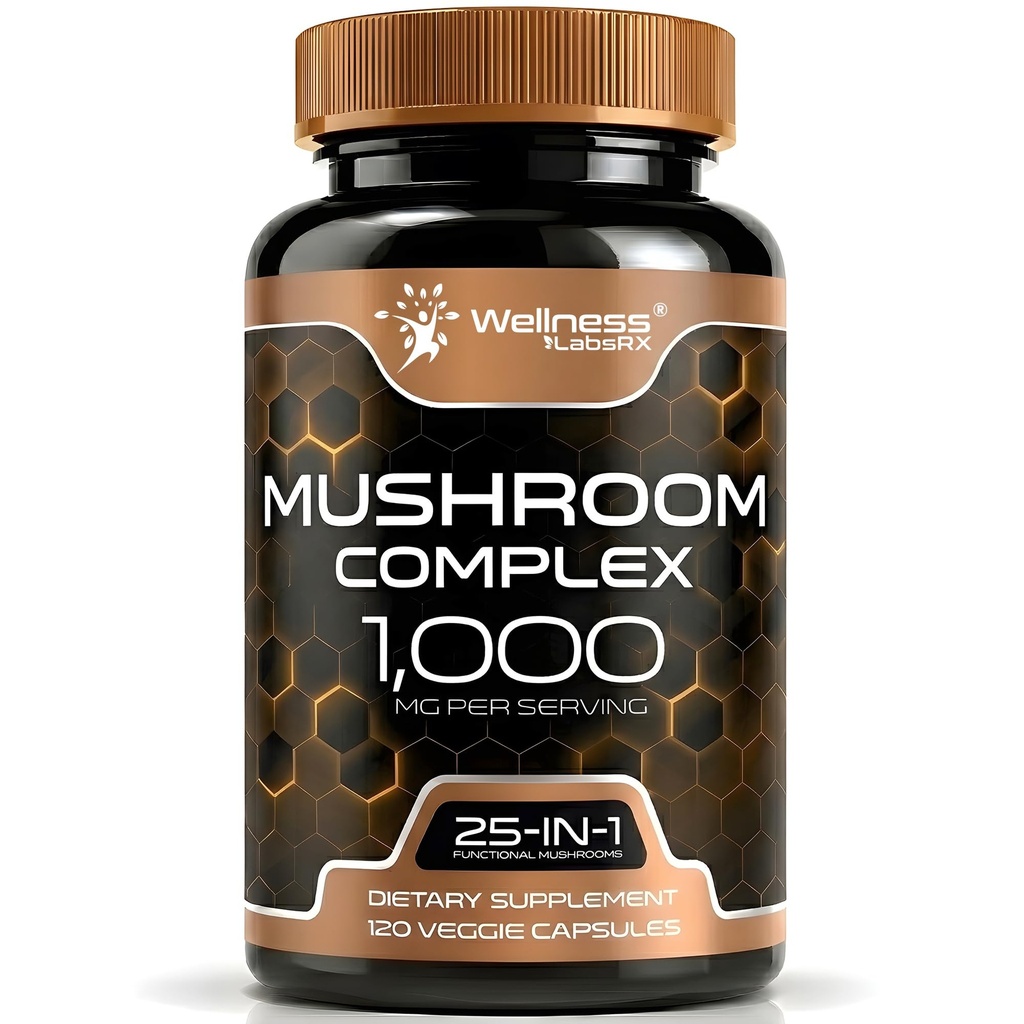 Goodness LABSRX Mushroom קפסולות 10:1 לחלץ, Mushroom Complex קפסולות 1000 מ"ג, Lions Mane תוספת עם טורקיה Tail, Cordyceps, Reishi - 120 הרוזן