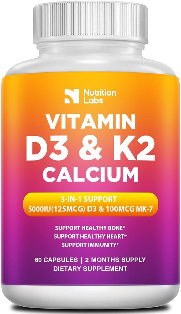ויטמין D3 K2 5000 IU תוסף עם Calcium, Multivitamins תומך בריאות החיסון, עצמות חזקות, Teeth & Heart פונקציות עם bioperine Black Pepper לחלץ 60 Count (Pack של 1)