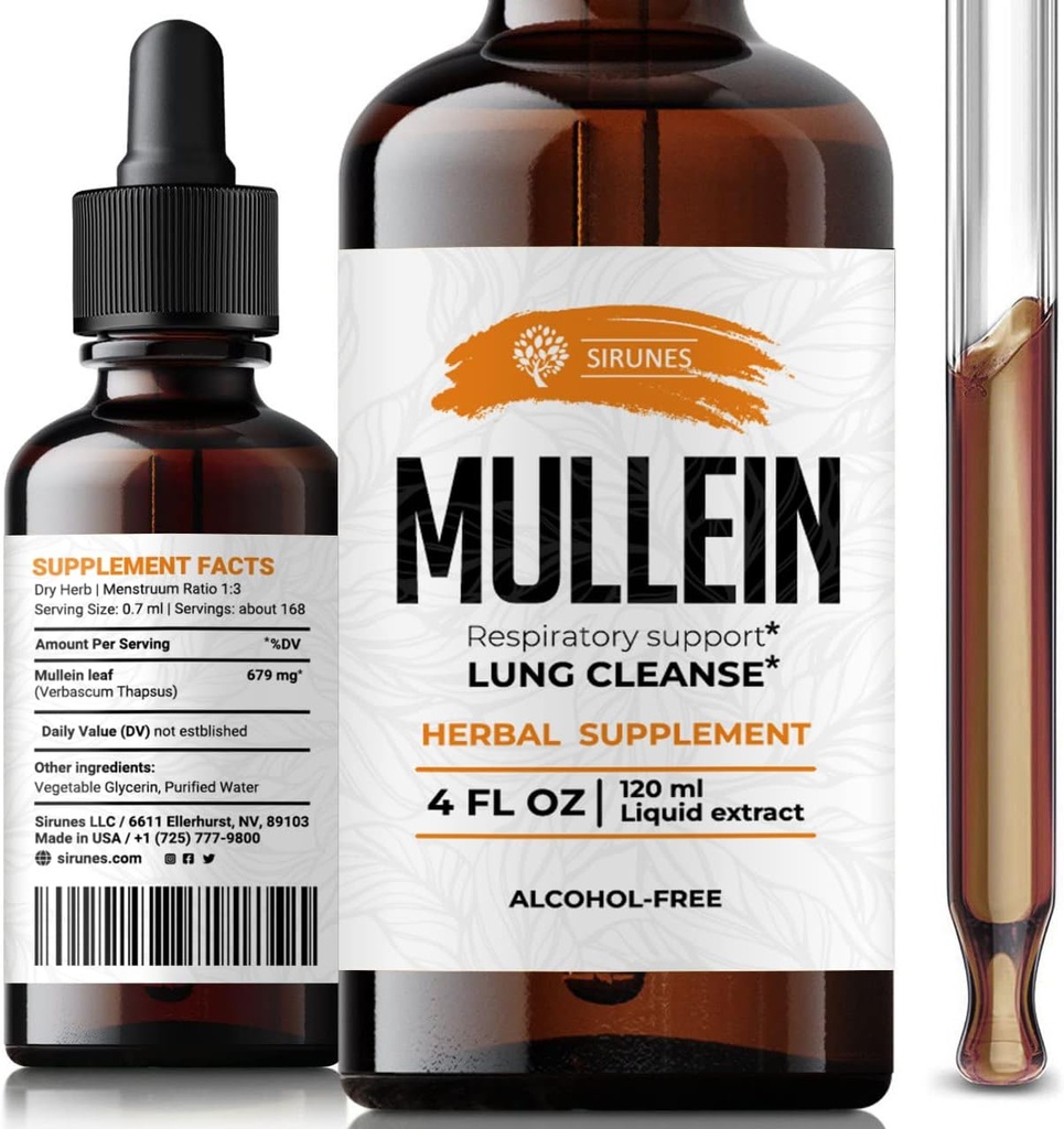 SIRUNES Mullein Leaf Verbascum Thapsus Dietary - קידום Lung, Respiratory (Mullein 4Fl Oz)