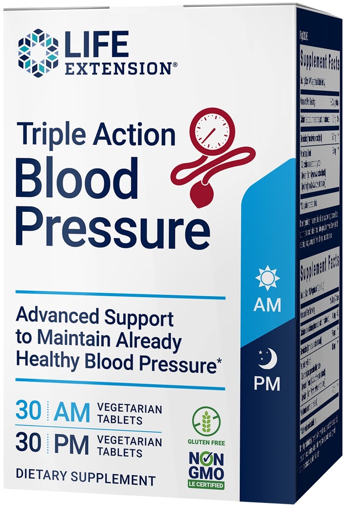 Life Extension Triple Action Blood Pressure, Heart Health Supplement, quercetin, stevia לחלץ, מלטונין, בוקר ו Night Support, Gluten-Free, non-GMO, Vegetarian, 60 טבליות