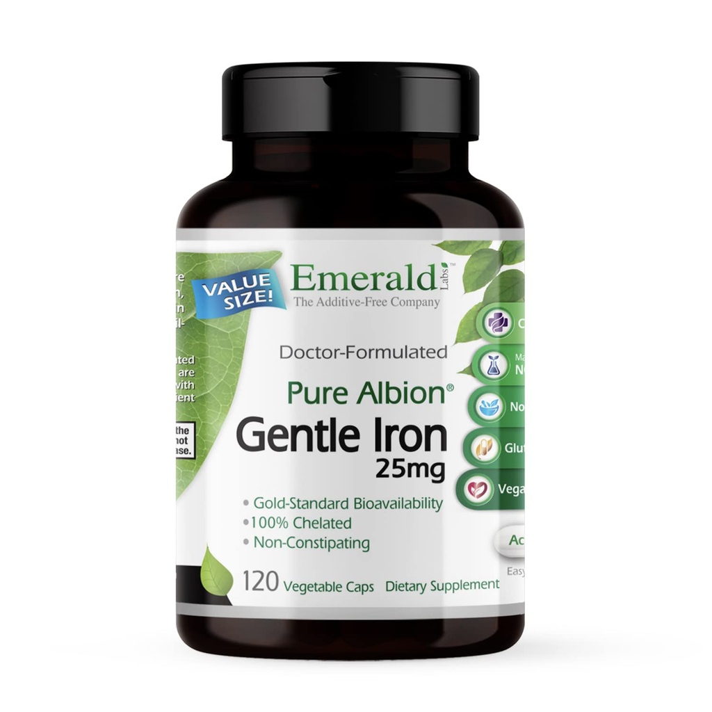 Emerald Labs Gentle Iron 25mg - Ferrous Bisglycinate Chelate - תוספת ברזל צ'לסי המסייעת לאנרגיה, עין, Immune & Heart Health - 120 קפסולות ירקות (120 יום אספקה)