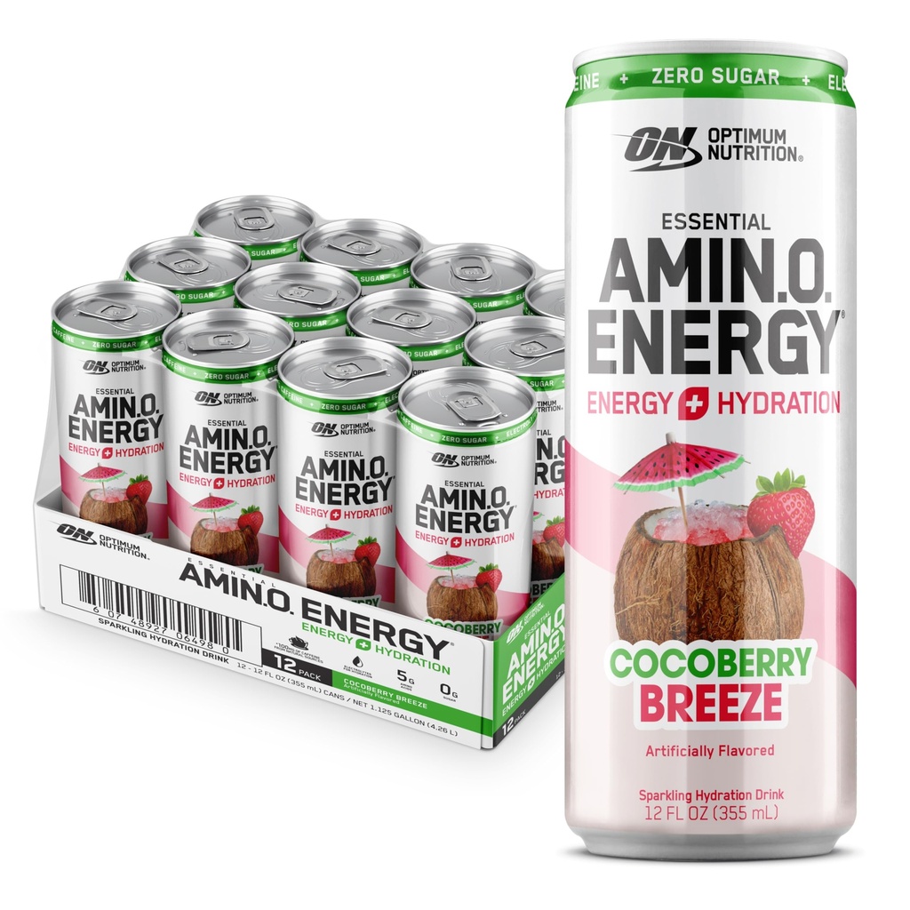 Optimum Nutrition Amino Energy Sparkling hydrotion לשתות, Electrolytes, Caffeine, Amino Acids, BCAAs, סוכר חינם, Cocoberry Breeze, 12 Fl Oz, 12 Pack (Packaging May Vary)