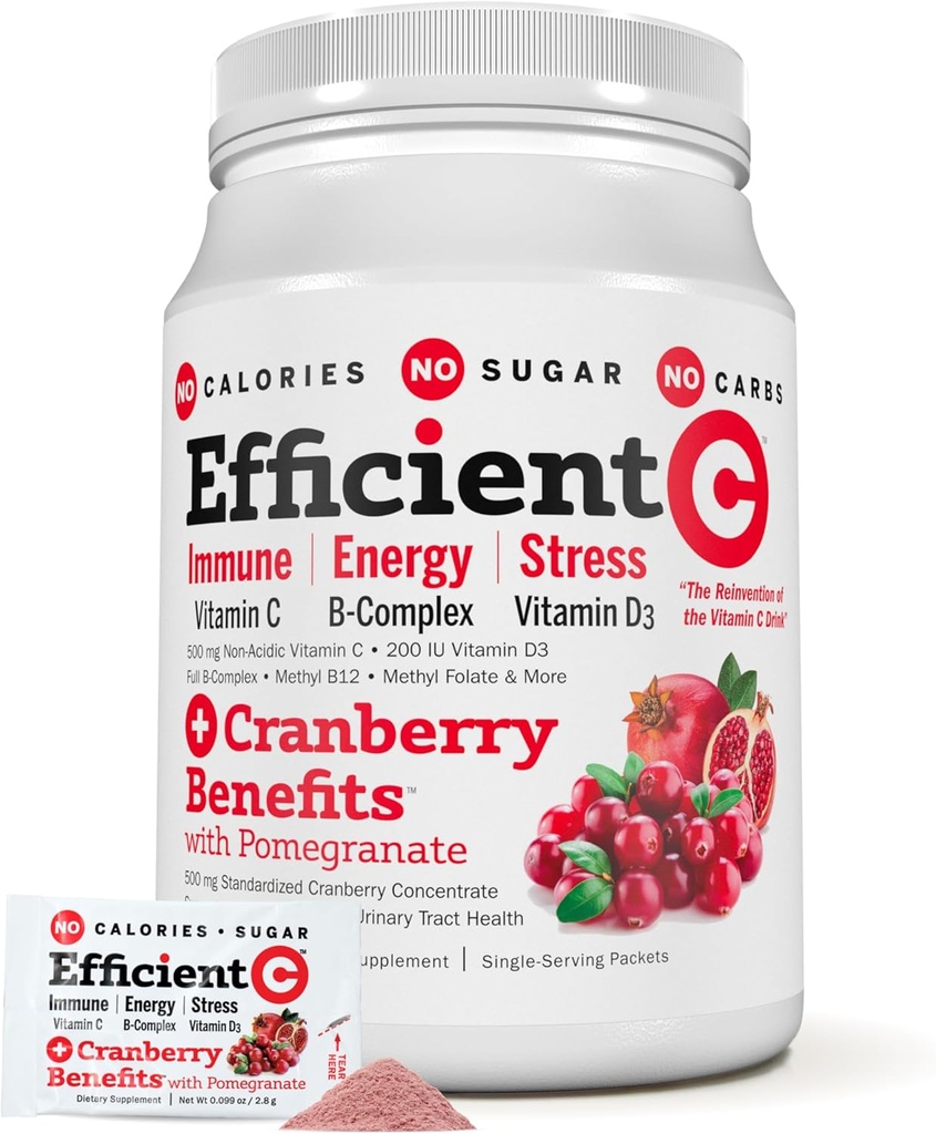 ANDREW LESSMAN Efficient C + Cranberry הטבות 30 Packets - Immune, Energy, Stress and Urinary Tract Support. המצאת המשקה ויטמין C לא קלוריות. לא סוכר. לא פחמימות קל לערבב.