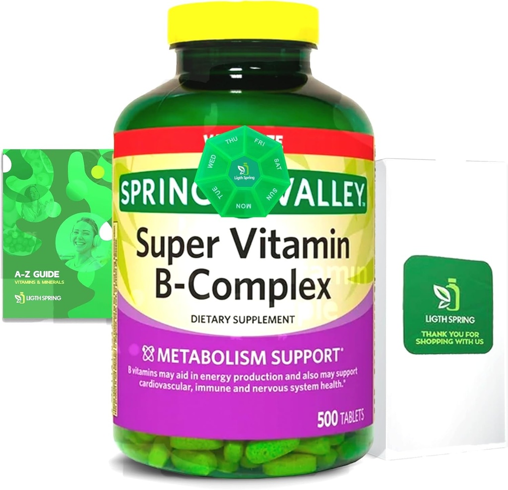 2 Pack- Light Spring Super B-Complex Tablets - ויטמין B6, B12, C, Thiamine, Biotin - Gluten-Free, Complete Dietary עם Light &Spring Guide - תומך באנרגיה ובאינטימיות