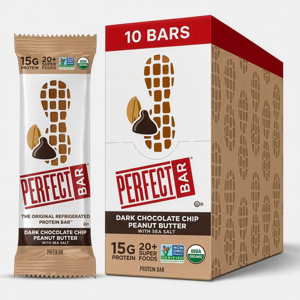 Perfect Bar, Dark Chocolate Chip Peanut Butter Protein Bar, High Protein, Organic Gluten Free, Soy Free, Non GMO, No Sugar Alcohols, 2.3 Ounce Bar, 10 Count