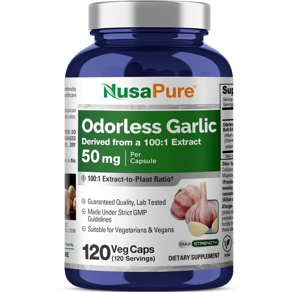 NusaPure Odorless Garlic 100:1 לחלץ, 50 מ"ג שווה 5000 מ"ג קפסולת | 120 Veggie Caps | High Potency | Herbal | Non-GMO