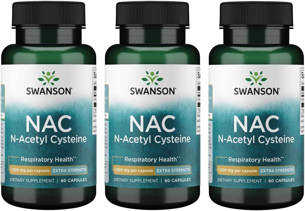 Swanson NAC N-Acetyl Cysteine - Antioxidant Anti-Aging Respiratory Liver Support - Amino Acid תוסף 1000 מ"ג 60 קפסולות (3 Pack)