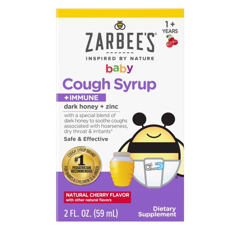 התינוק של זרבי דבש Cough Syrup + Immune עבור תינוקות 12-24 חודשים, בטוח ויעיל Cough Syrup עם Soothing Dark Honey & Zinc for Immune Support *, סמים ואלכוהול חינם, צ'רי, 2.