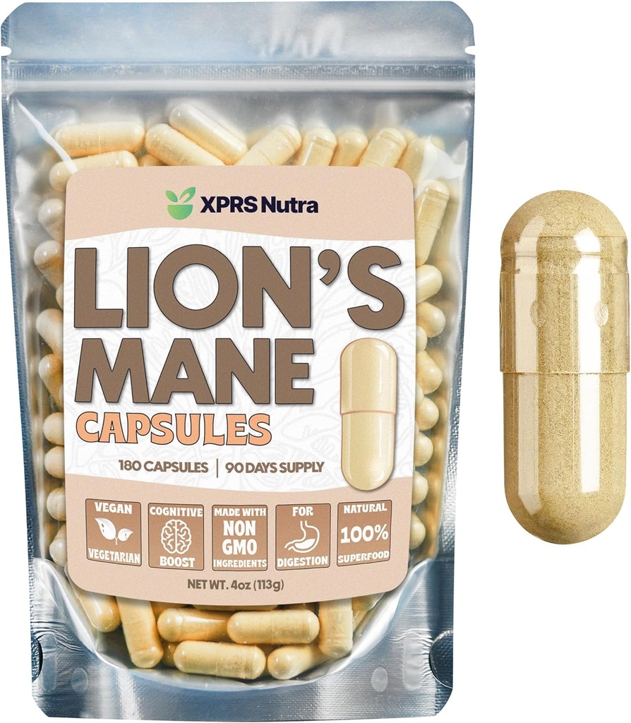 XPRS Nutra Organic Lions Mane תוספי קפסולות - 180 הרוזן (90 יום אספקה) של קפסולות Mane Mushroom של Premium Lions for Mental Clarity, Cognition and Immunity Lions Mane אבקת קפסולות