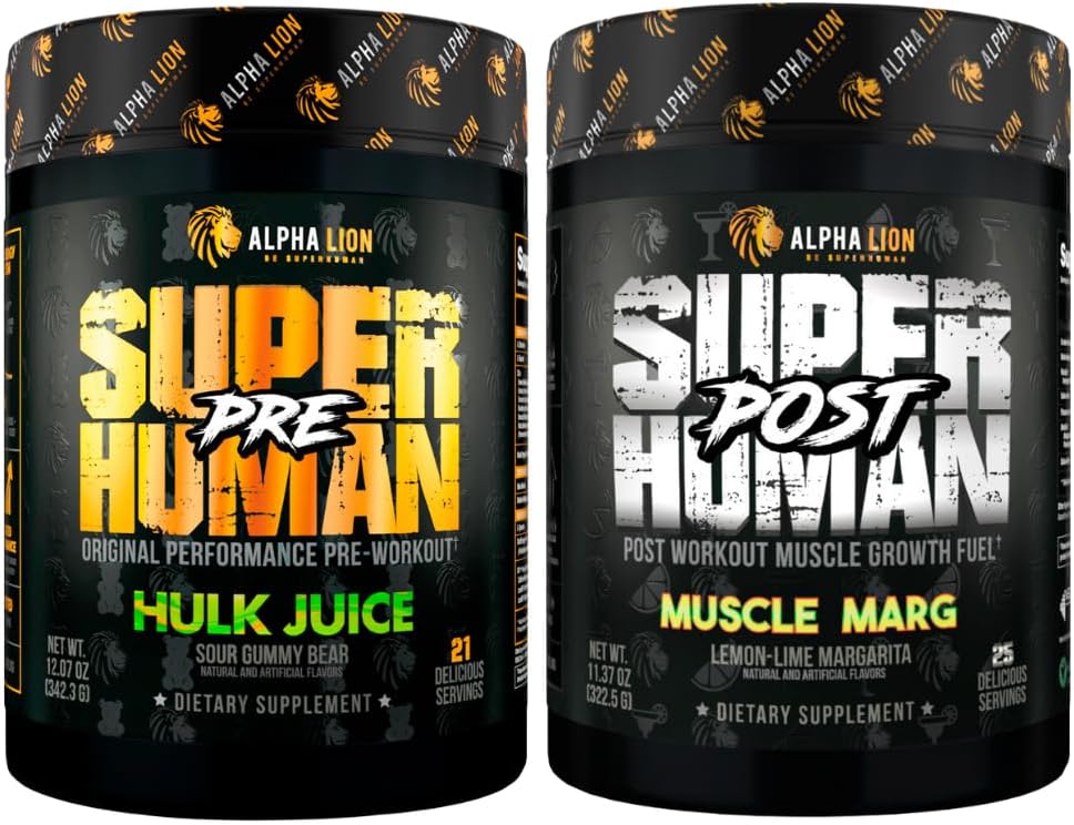 ALPHA LION Superhuman Pre Workout אבקה & Post Workout Recovery Bundle, Sustained Energy & Focus + Lean שריר צמיחה, כוח וכרך (Hulk Juice & השרירים Margle)