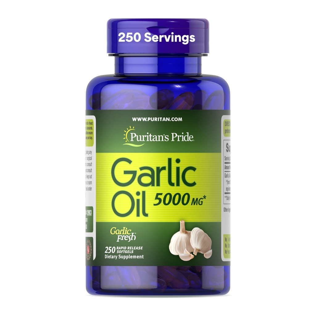 גאווה של Puritan's Pride Premium Garlic Fresh 5000 מ"ג, תוספת תזונתית מסורתית עבור בריאות הלב ותמיכה Circulation עם Antioxidant Properties, 250 Rapid Release Softgels