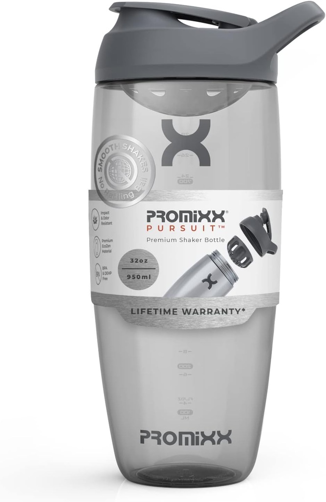 Promixx Pursuit חלבונים Shaker Bottle (32 oz) - Silent No-Ball Mixer, Leak-Proof Lid, BPA / BPS & Phthalate-Free ECOZEN - Easy-Clean Shaker Cup for Protein Shakes, Pre & Post-Workout Smoothies